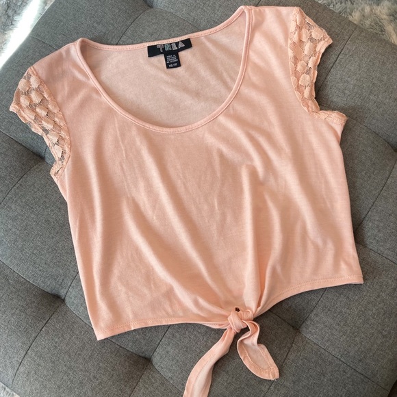 Tie Front Top with Lace Sleeve Detail - Picture 1 of 6